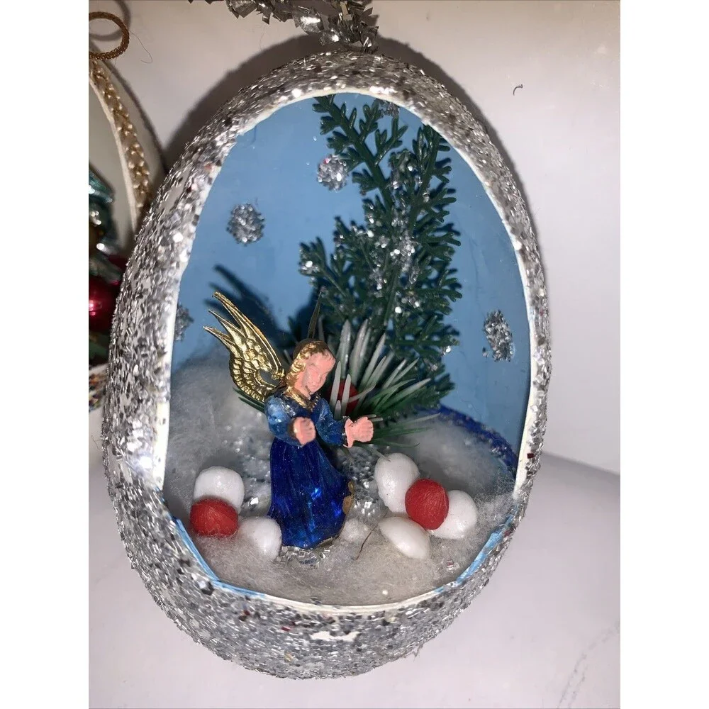 Vintage Egg Shape Diorama Christmas Ornaments Santa Angel Bottlebrush READ